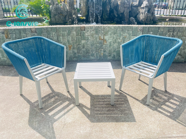 Patio Aluminium Furniture Kerusi Anyaman Tali Biru Dan Set Meja Kopi untuk Taman