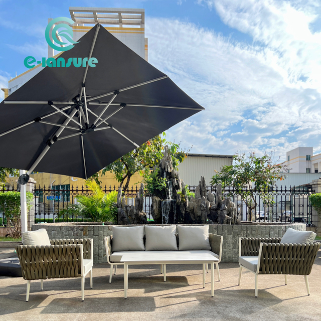 Minimalistick&yacute; styl venkovn&iacute;ho pleten&eacute;ho provazov&eacute;ho n&aacute;bytku s&eacute;rie Čtyřd&iacute;ln&aacute; sedac&iacute; souprava