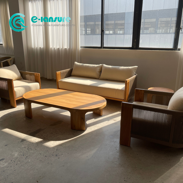 Perabot Kayu Jati Luaran Sofa Kayu Taman Dan Set Meja Kopi Perabot Sofa Tali Tenunan Patio untuk Halaman Vila Rumah