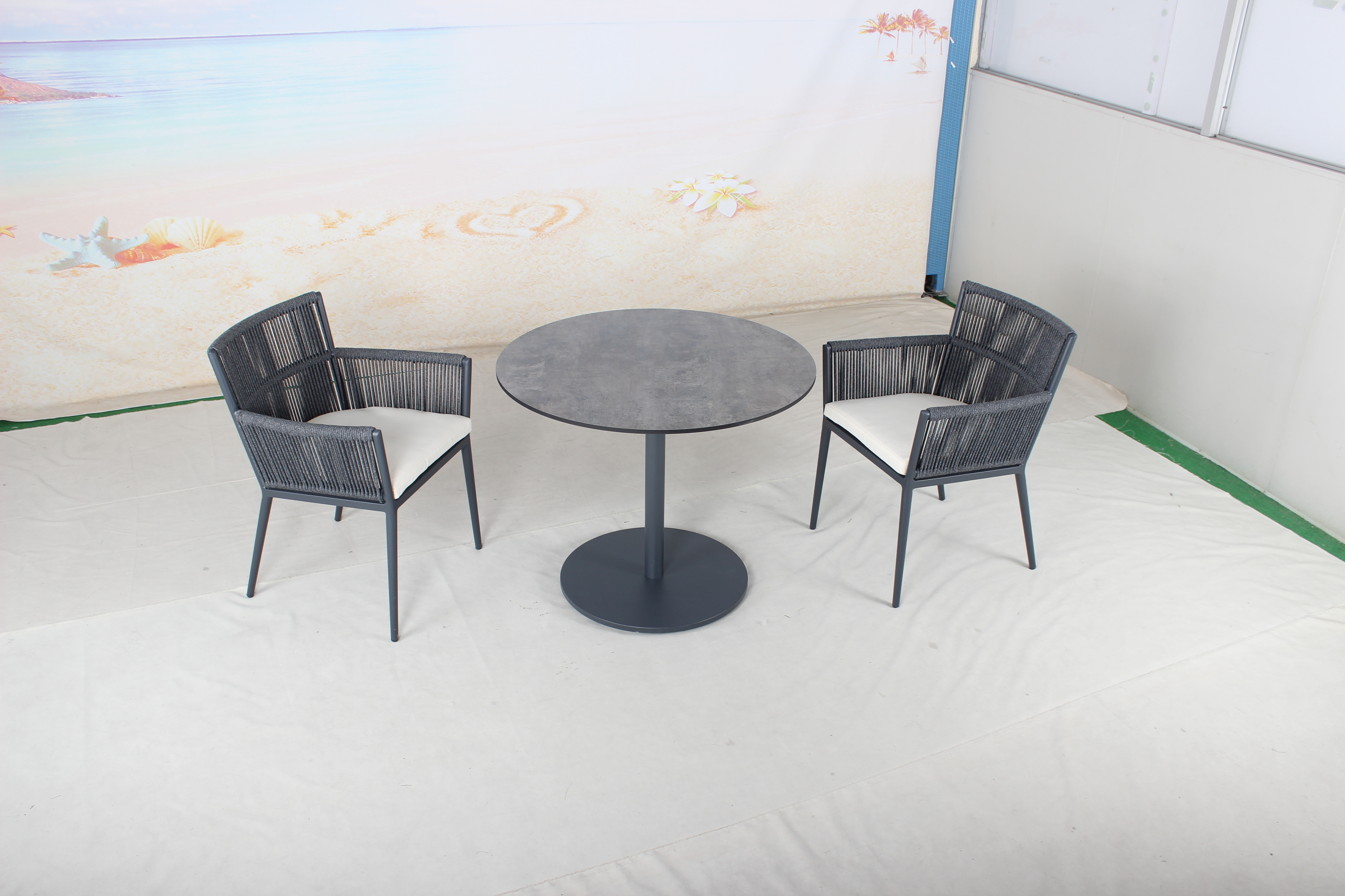 Alluminio rivestito in polvere con sedia da pranzo con tessitura della corda con set da tavolo HPL