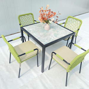 Cadeira de jantar em corda tecida verde hotel com conjunto de mesa