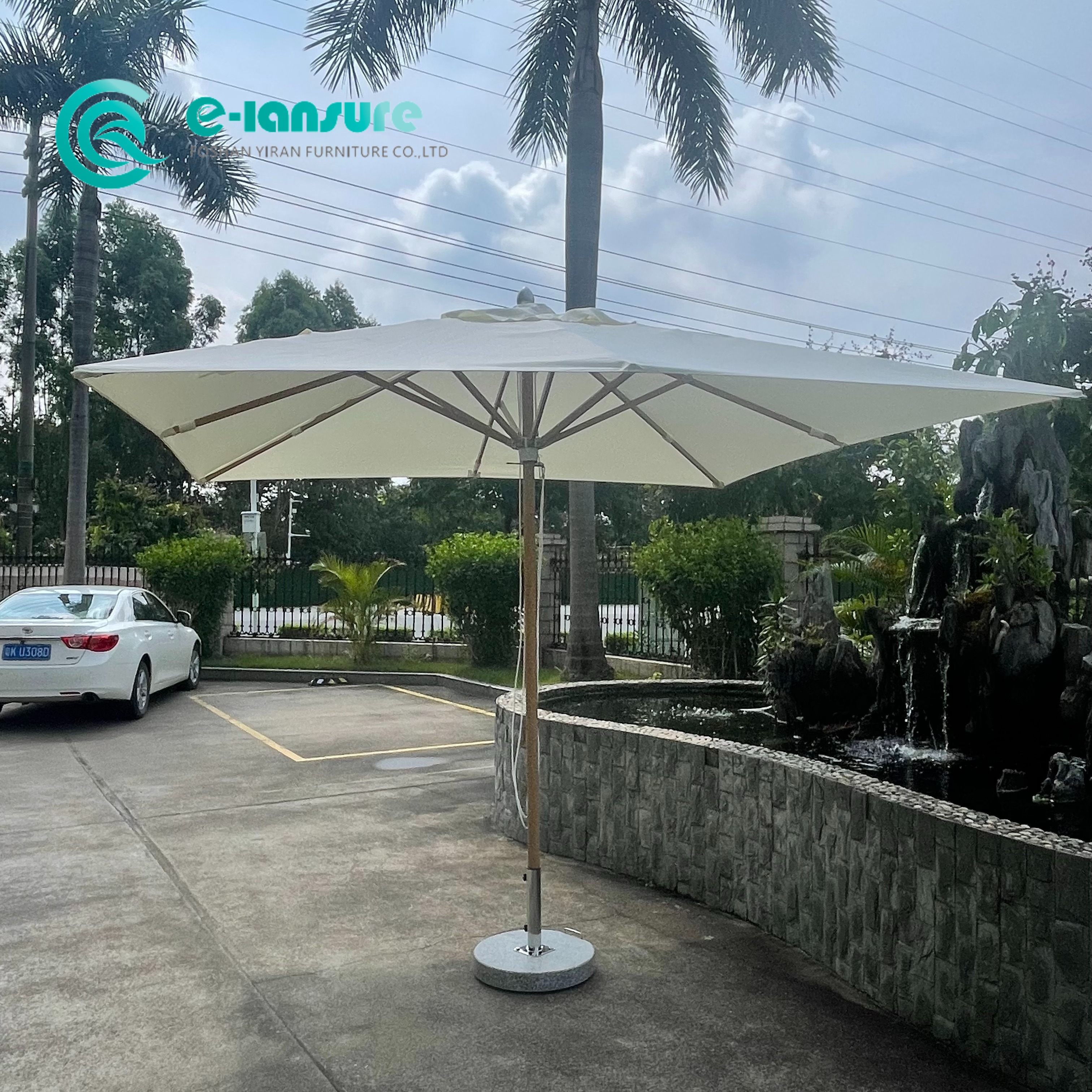 Bingkai Aluminium Perabot Taman Berkualiti Tinggi dengan Payung Patio Kemasan Kayu Payung Pantai Persegi Kalis Air untuk Halaman Luar