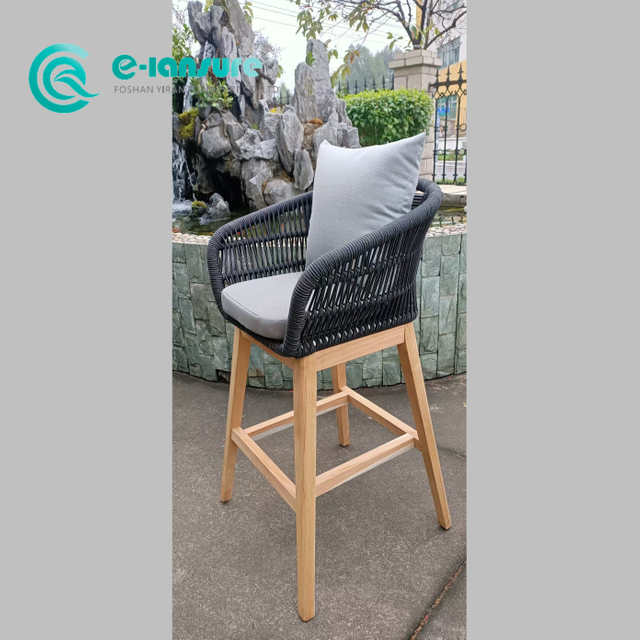  Outdoor Garden Bar Furniture Kayu Kayu Tinggi Kursi Kursi Grey Rope Bar Kursi dengan Bantal Untuk Rumah Halaman Halaman Teras