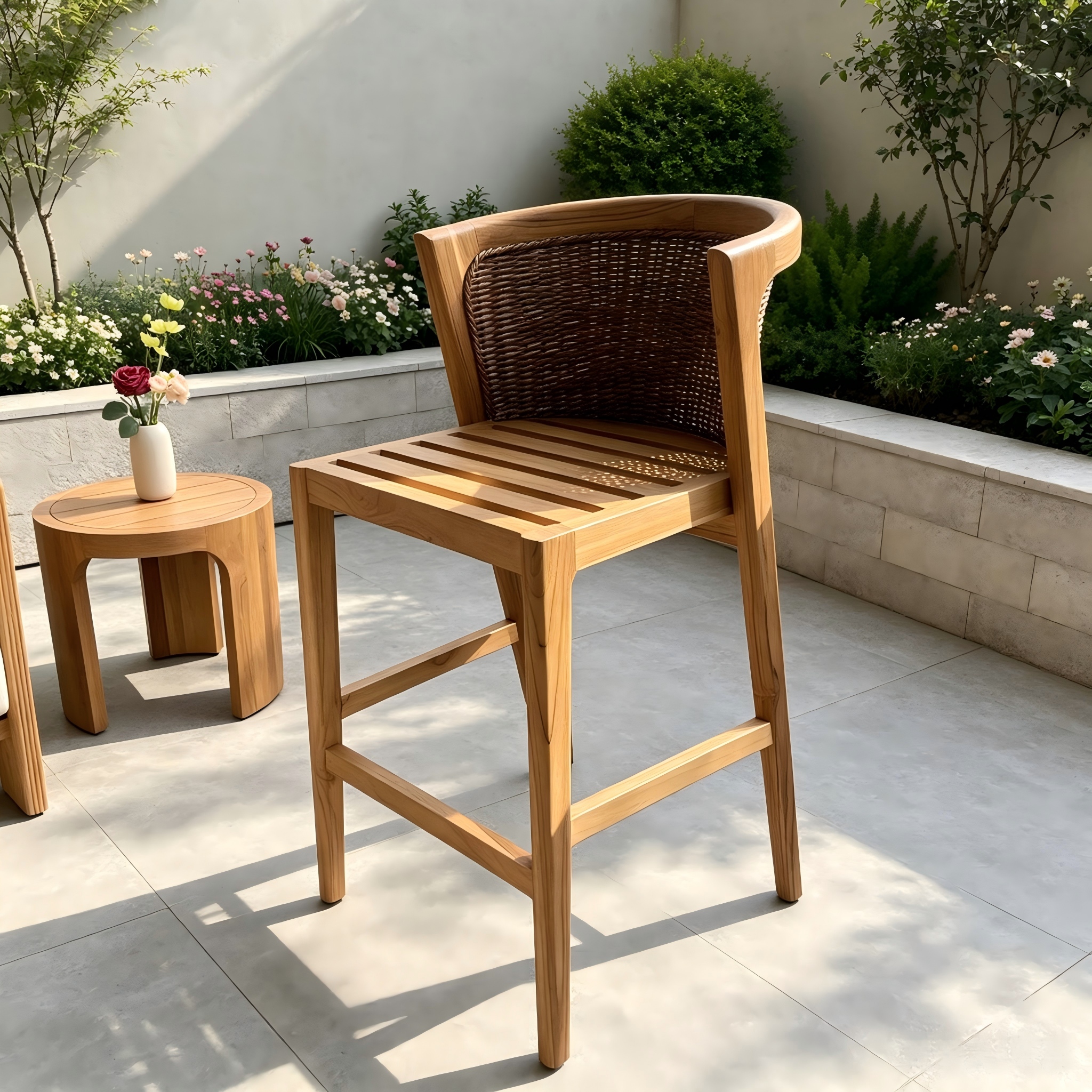 Klassisk stil udend&oslash;rs teak tr&aelig;m&oslash;bler h&oslash;j kvalitet tr&aelig;v&aelig;vet rattan barstol Have alt vejr h&oslash;j barstol til terrasse balkon