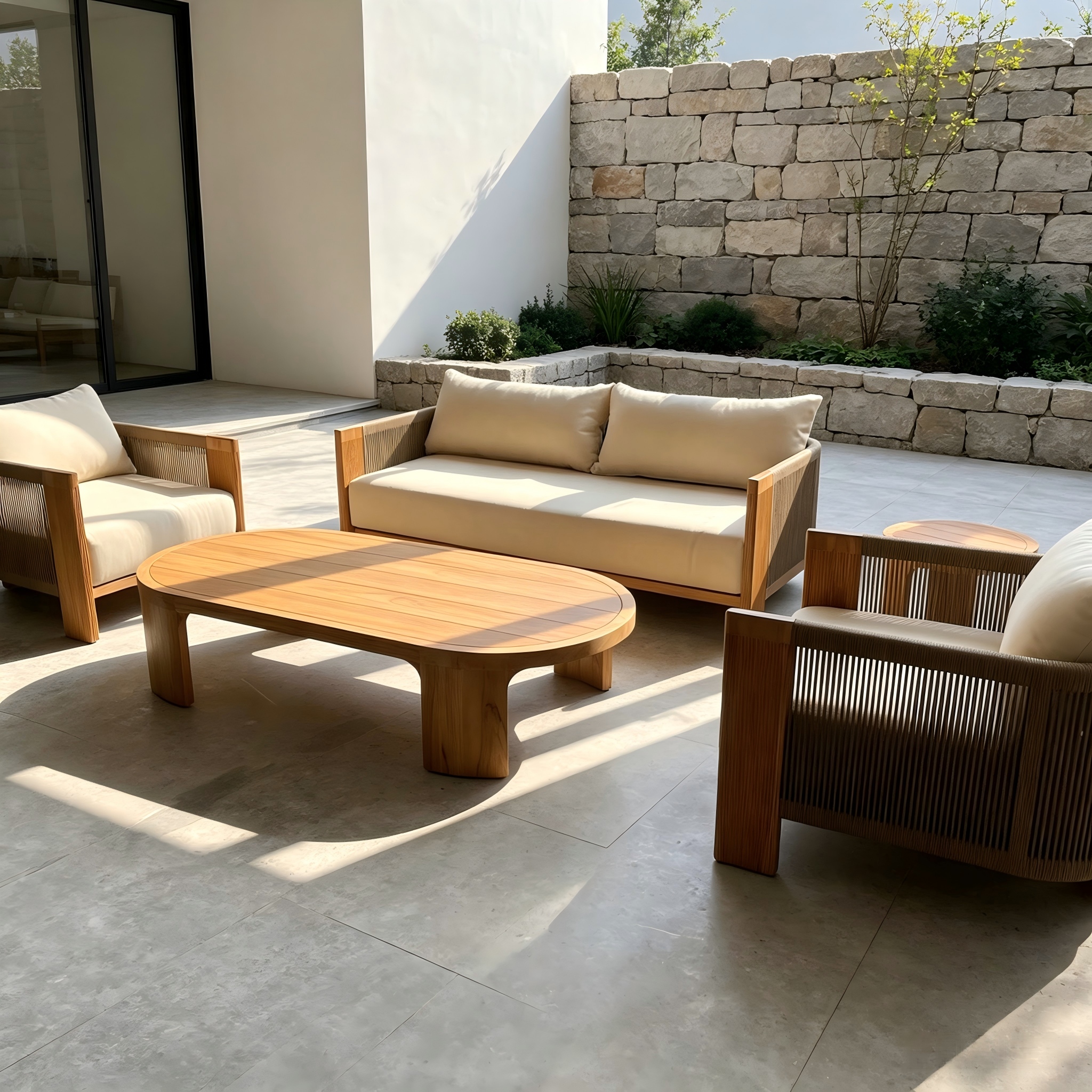 Mobili da giardino in legno di teak Divano in legno da giardino e tavolino da caff&egrave; Set Mobili per divani in corda intrecciata da patio per il cortile della villa domestica