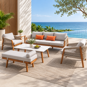 Muebles de jard&iacute;n de estilo Retro, conjunto de sof&aacute;s de madera de teca, sof&aacute; de madera para Patio, silla con mesa de centro y otomana