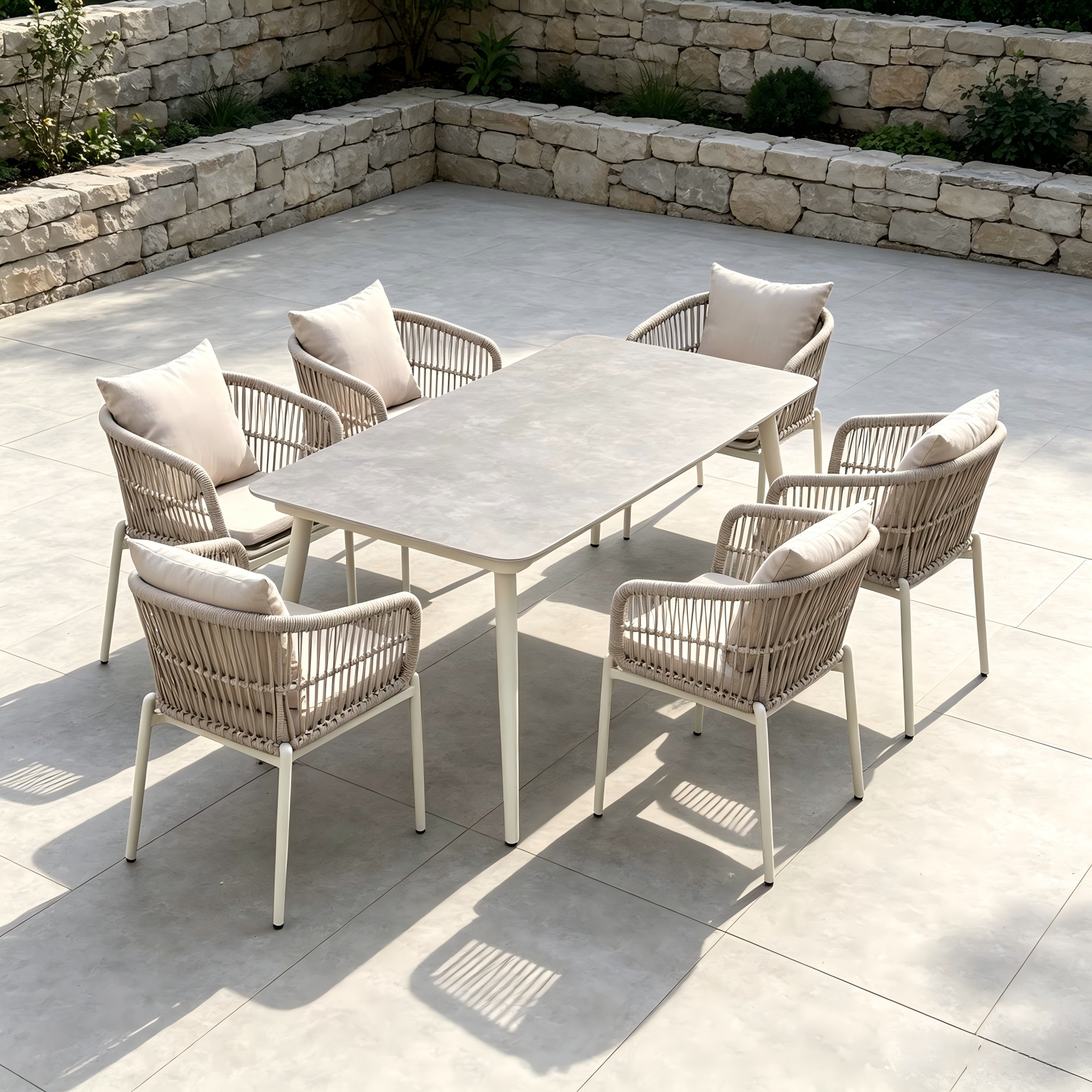 Aluminium Hortus Furniture Aluminium Frame Beige Color Rope Braied Dining Chair with Sintered Stone Rectangular Trining Table For Home Patio