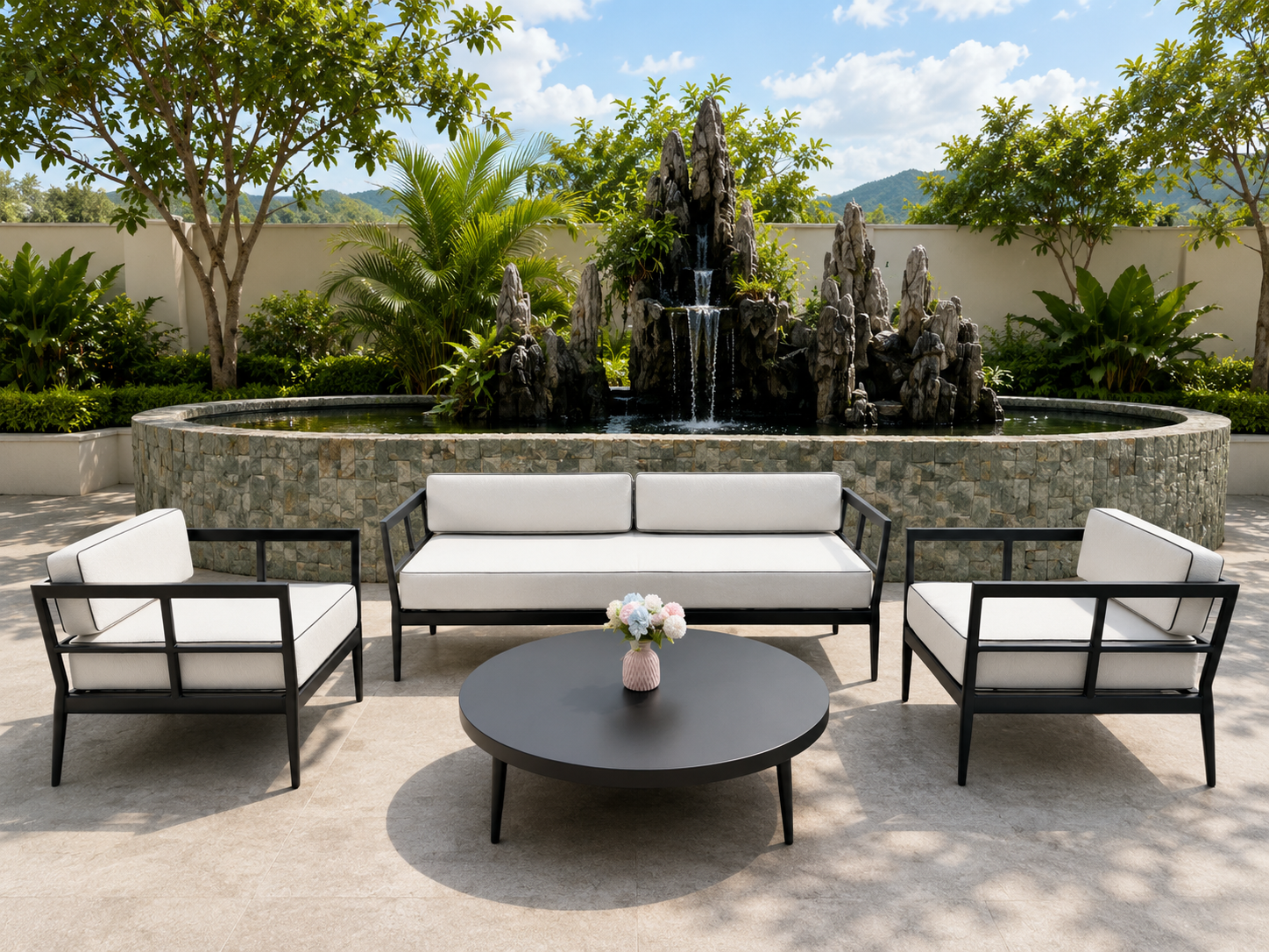 Moderne hagem&oslash;bler Kvalitet aluminiumsramme Sofasett All Weather Leisure Sofastol med rundt sofabord For Home Villa