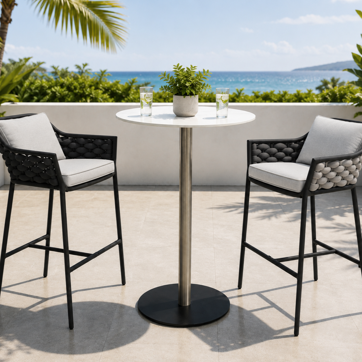 Engros Minimalistisk Utend&oslash;rs Hagem&oslash;bler Aluminium Barstolsett All Weather Vevd Tau Barkrakk For Hotel Poolside