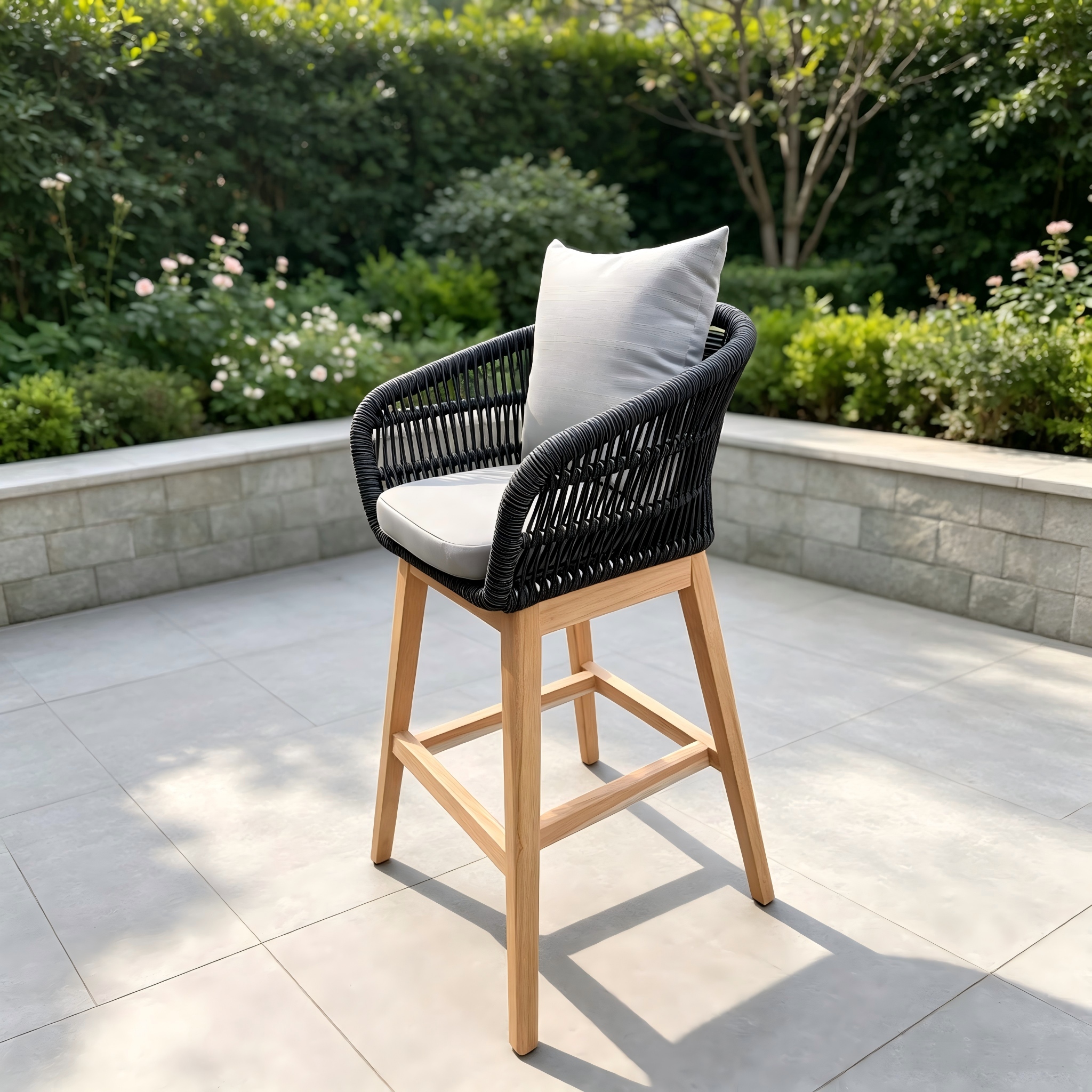  Mobiliario de Bar para jard&iacute;n al aire libre, silla de respaldo alto de madera de teca, taburete de Bar de cuerda gris, silla con coj&iacute;n para Patio de casa