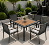 Minimalistisk Stil Udend&oslash;rs Spisestue M&oslash;bler Aluminiumsstel Spisestuestol med Tr&aelig; Arml&aelig;n Patio 4+1 spisestues&aelig;t til hjemmets g&aring;rdhave