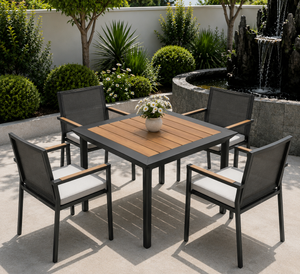 Sedia da pranzo con struttura in alluminio, mobili da pranzo all'aperto in stile minimalista, con braccioli in legno, patio, set da pranzo 4+1 per il cortile di casa