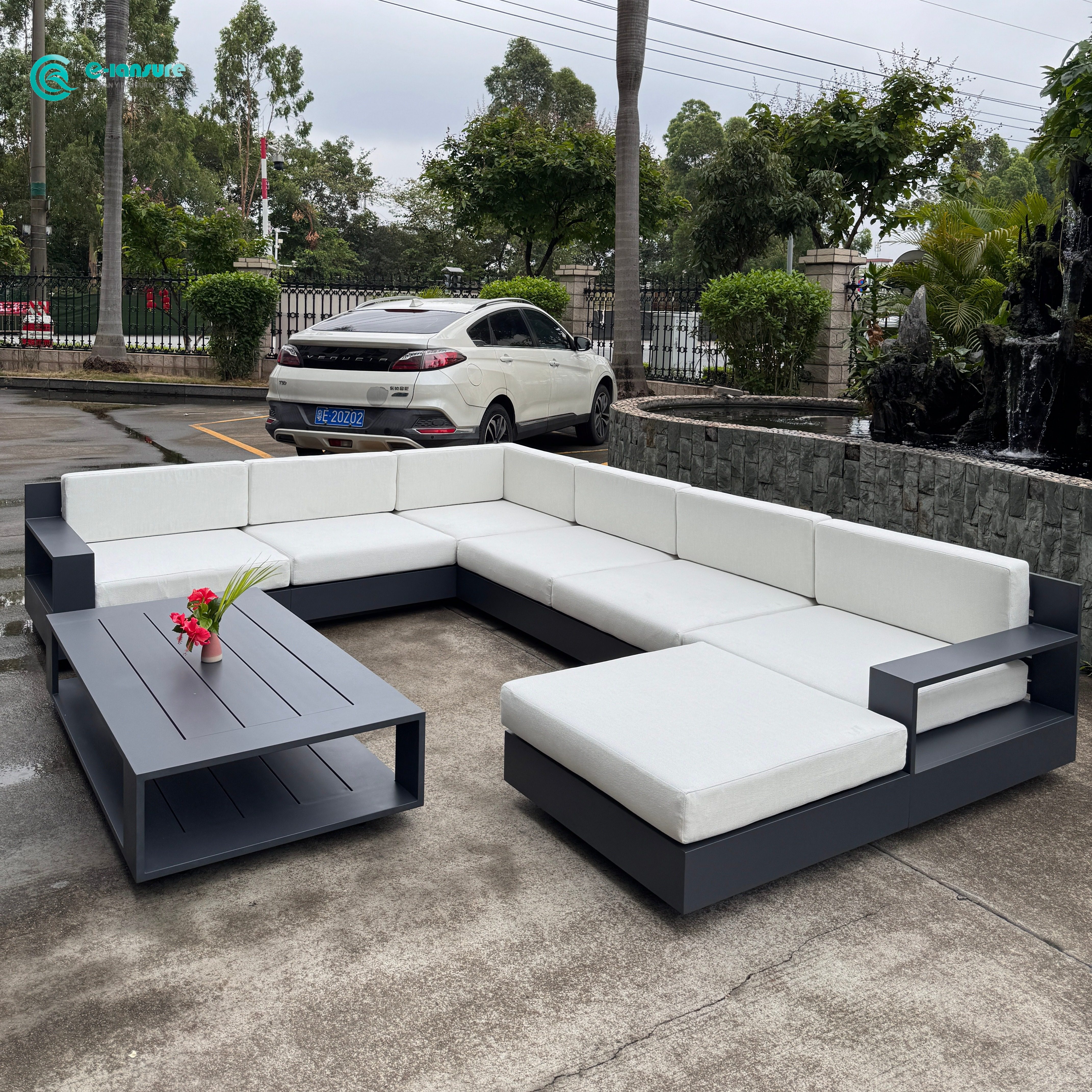Sofa Furniture Quality L Shape Aluminium Frame Sofa Chair with Coffee Table Set for Villa
